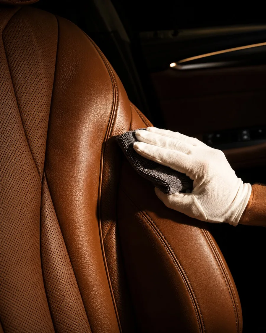 Cognacbraunes Lederinterieur wird von Hand gepflegt