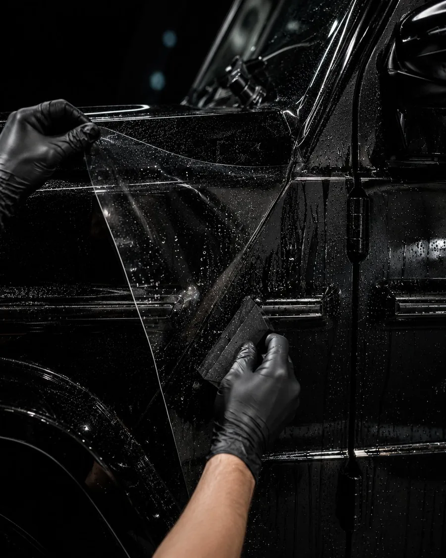 XPEL Lackschutzfolie wird auf einen schwarzen Mercedes AMG G aufgezogen